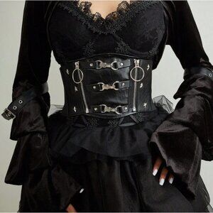 Zip Up Faux Leather Corset Belt Buckles Star Studs Stretchy Halloween Costume